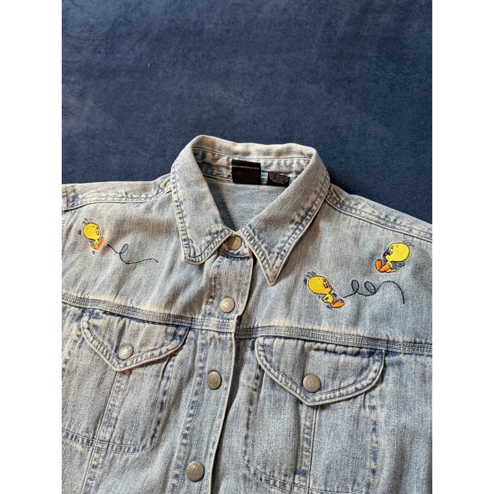Vtg 90s Looney Tunes Tweety Bird Long Sleeve Denim Button Up Shirt Mens XL